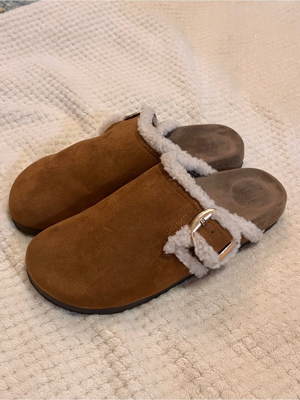 Time and Tru Brown Suede Shearling Clog with Buckle